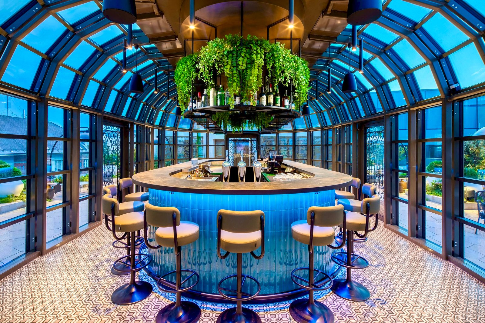 feNNen Skybar rooftop terrace at twilight, Budapest